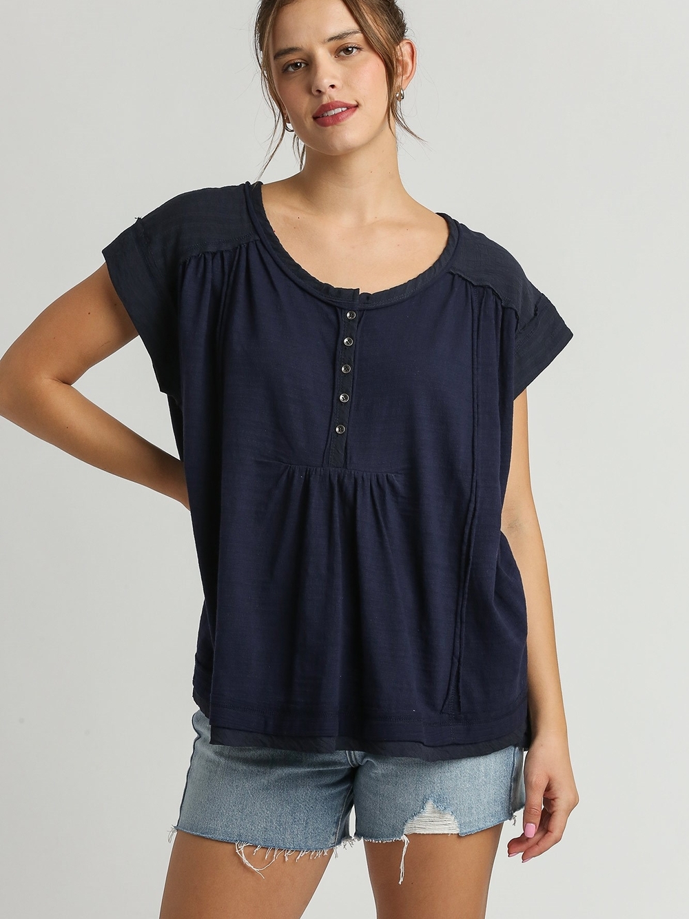 Umgee Navy Short-Sleeve Button-Front Top (New In Bag)